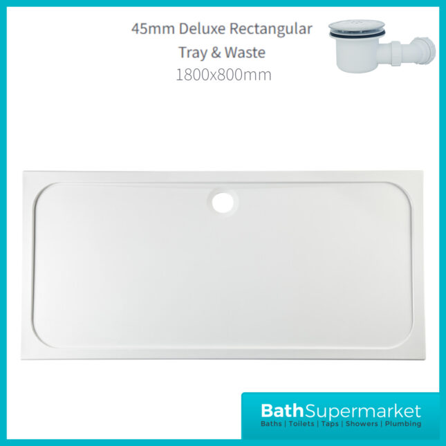 AquaVolere White 45mm Deluxe Rectangular Shower Tray & Waste 1800mm x 800mm - Image 2