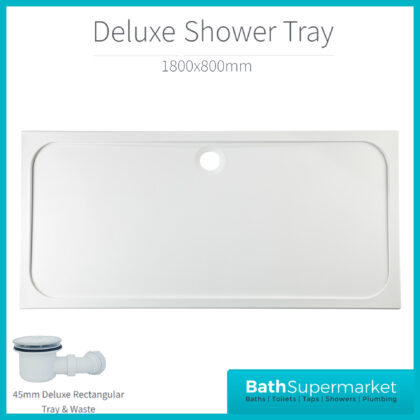 AquaVolere White 45mm Deluxe Rectangular Tray & Waste 1800mm x 800mm