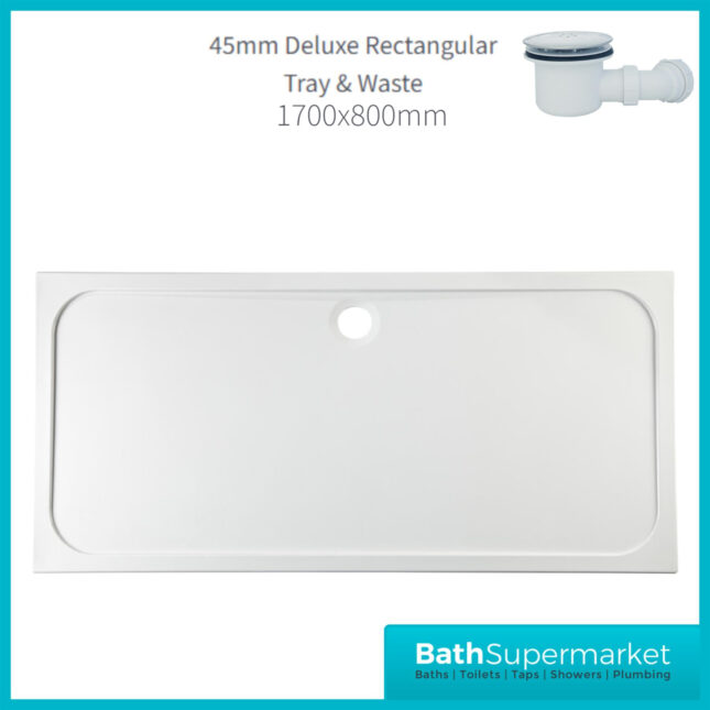 AquaVolere White 45mm Deluxe Rectangular Shower Tray & Waste 1700mm x 800mm & 900mm Width - Image 2