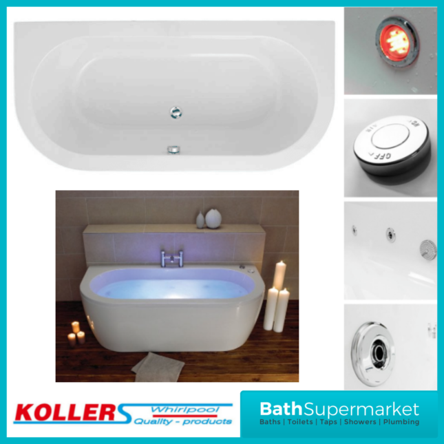 Koller Round D Shape Double Ended Back To Wall Whirlpool Jet Spa Bath 1700mm x 700mm & Light Option