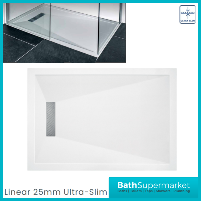 AquaVolere White Linear 25mm Ultra-Slim Rectangular Shower Tray & Waste 1600mm x 800mm
