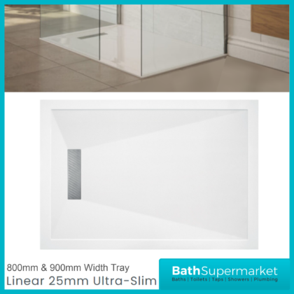 AquaVolere White Linear 25mm Ultra-Slim Rectangular Shower Tray & Waste 1200mm x 800mm & 900mm
