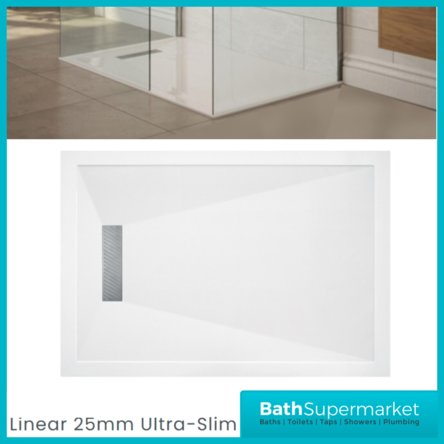 AquaVolere White Linear 25mm Ultra-Slim Rectangular Shower Tray & Waste 1500mm x 800mm