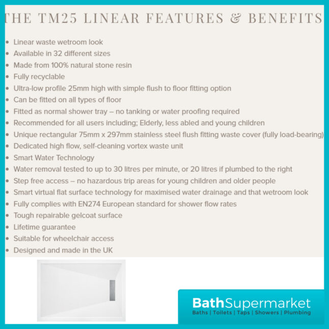 AquaVolere White Linear 25mm Ultra-Slim Rectangular Shower Tray & Waste 1700mm x 700mm & 800mm