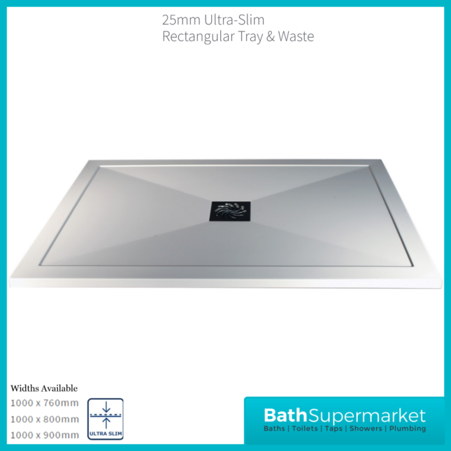 AquaVolere White 25mm Ultra Slim Rectangular Shower Tray & Waste 1000mm x Various Widths - Image 2