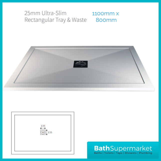AquaVolere White 25mm Ultra Slim Rectangular Shower Tray & Waste 1100mm x 800mm & 900mm Widths