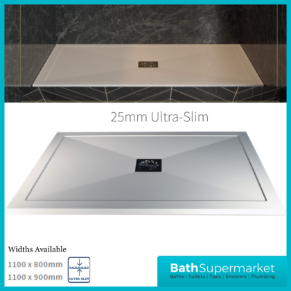 AquaVolere White 25mm Ultra Slim Rectangular Shower Tray & Waste 1100mm x 800mm & 900mm Widths