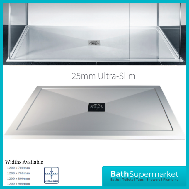 AquaVolere White 25mm Ultra Slim Rectangular Shower Tray & Waste 1200mm x Various Widths
