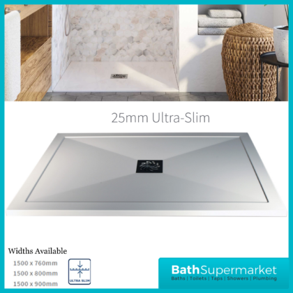 AquaVolere White 25mm Ultra Slim Rectangular Shower Tray & Waste 1500mm x Various Widths