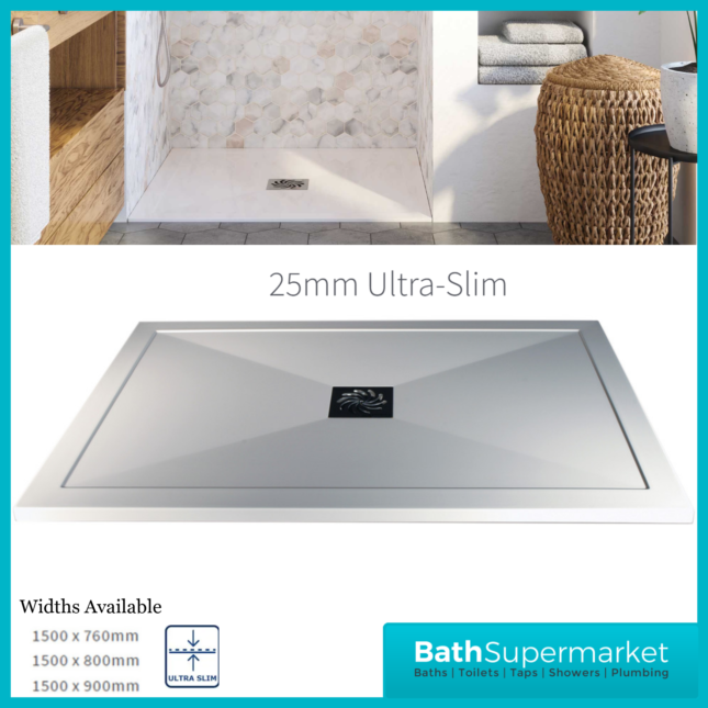 AquaVolere White 25mm Ultra Slim Rectangular Shower Tray & Waste 1500mm x Various Widths