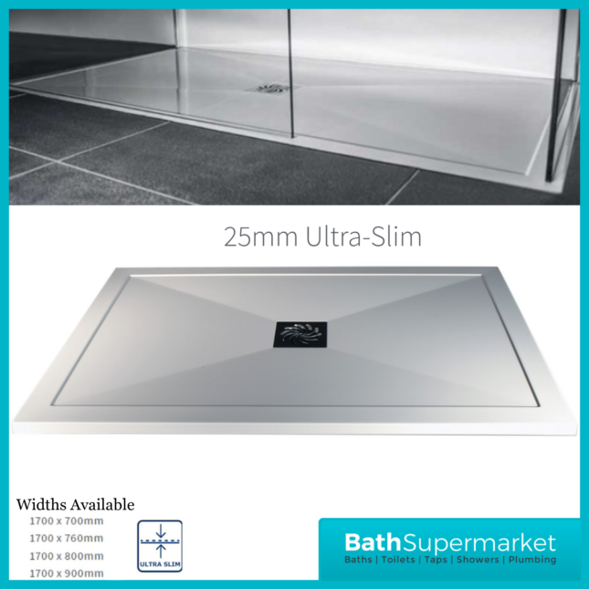 AquaVolere White 25mm Ultra Slim Rectangular Shower Tray & Waste 1700mm x Various Widths