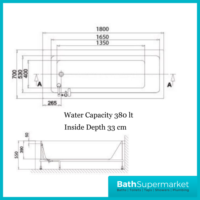 Koller Square Single Ended Jet Whirlpool Bath 1800mm x 700mm With Light Option