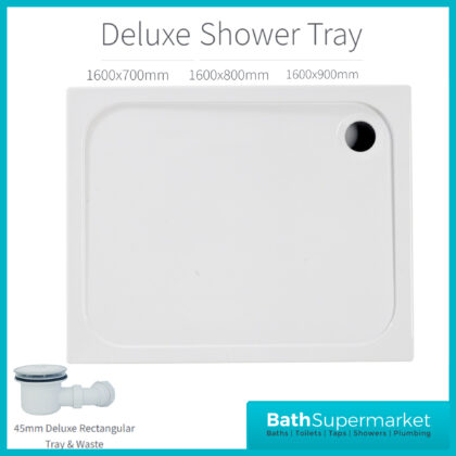 AquaVolere White 45mm Deluxe Rectangular Shower Tray & Waste 1600mm x Various Widths