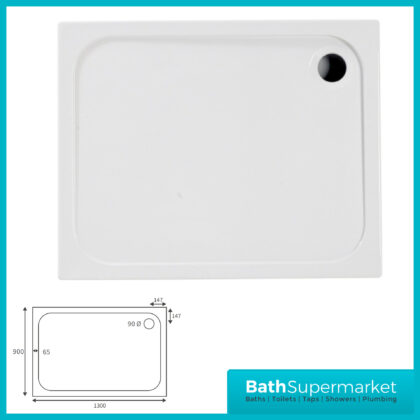 AquaVolere White 45mm Deluxe Rectangular Shower Tray & Waste 1300mm x 800mm & 900mm Width - 900mm Width Tray