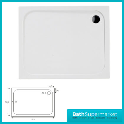 AquaVolere White 45mm Deluxe Rectangular Shower Tray & Waste 1200mm x Various Widths - 760mm Width Tray