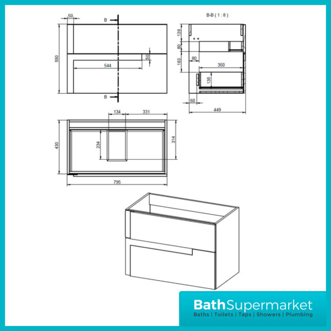 AquaVolere Diverge Matt Black & Glass Wall Hung 2 Drawer Basin Unit & Co-ordinating Basin - 805mm