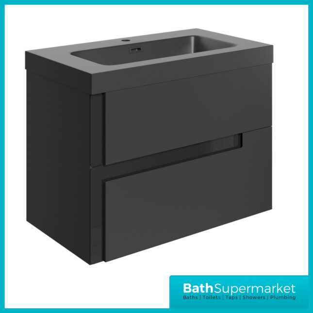 AquaVolere Diverge Matt Black & Glass Wall Hung 2 Drawer Basin Unit & Co-ordinating Basin - 805mm