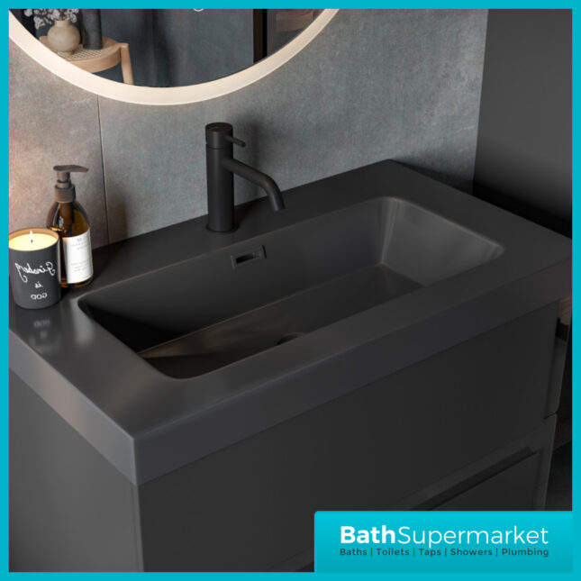 AquaVolere Diverge Matt Black & Glass Wall Hung 2 Drawer Basin Unit & Co-ordinating Basin – 605mm