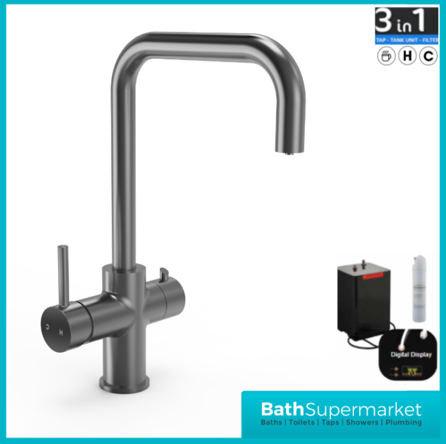 Ellsi Gun Metal Designer 3-in-1 Instant Hot Water Kitchen Mixer Tap System Kit