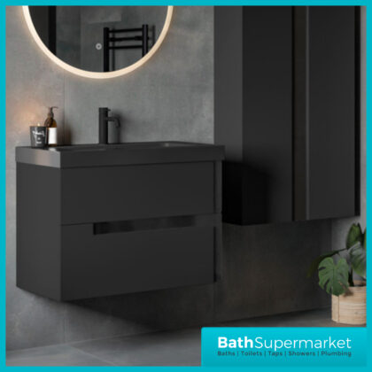 AquaVolere Diverge Matt Black & Glass Wall Hung 2 Drawer Basin Unit & Co-ordinating Basin – 605mm