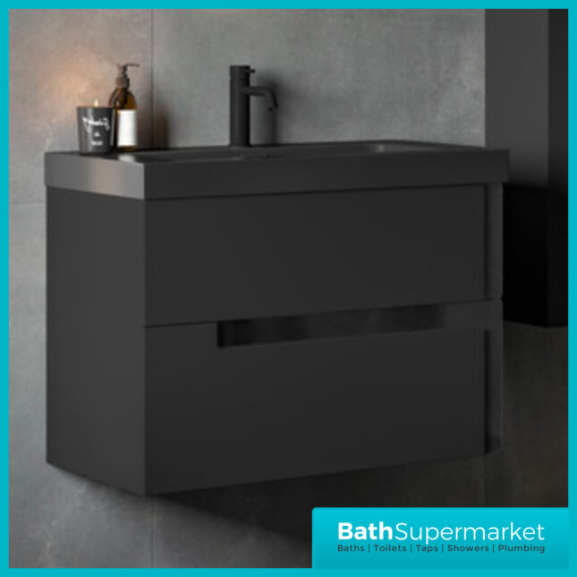 AquaVolere Diverge Matt Black & Glass Wall Hung 2 Drawer Basin Unit & Co-ordinating Basin – 605mm