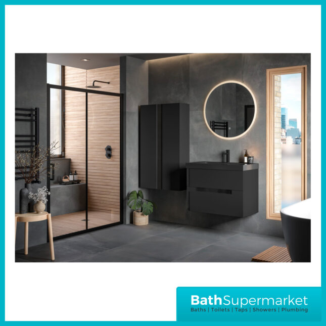 AquaVolere Diverge Matt Black & Glass Wall Hung 2 Drawer Basin Unit & Co-ordinating Basin – 605mm