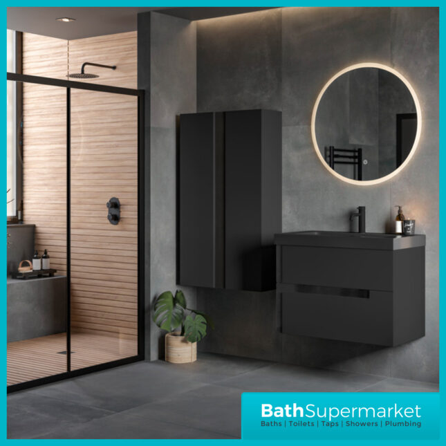 AquaVolere Diverge Matt Black & Glass Wall Hung 2 Drawer Basin Unit & Co-ordinating Basin – 605mm