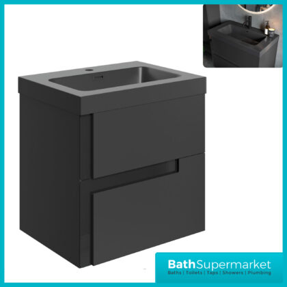 AquaVolere Diverge Matt Black & Glass Wall Hung 2 Drawer Basin Unit & Co-ordinating Basin – 605mm