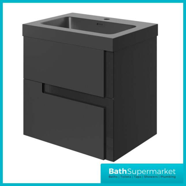 AquaVolere Diverge Matt Black & Glass Wall Hung 2 Drawer Basin Unit & Co-ordinating Basin – 605mm