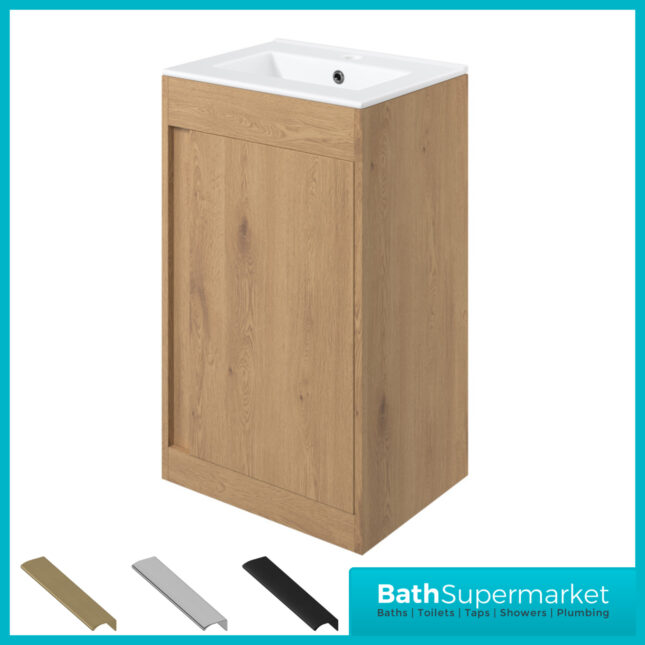 AquaVolere Aspect Seville Oak Floor Standing Basin Unit 510mm – 3 Handle Choice - Image 8