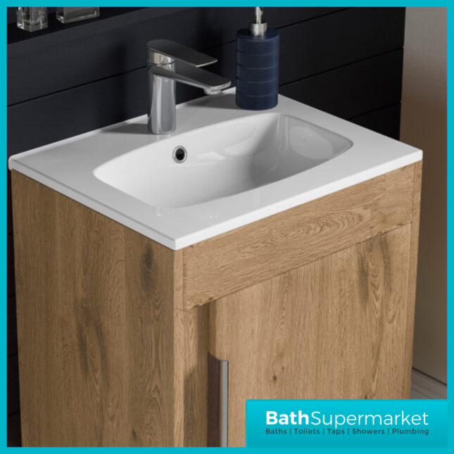 AquaVolere Aspect Seville Oak Floor Standing Basin Unit 510mm – 3 Handle Choice - Image 9