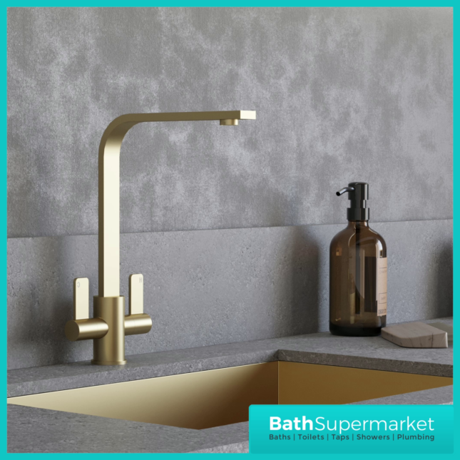 Ellsi Eben Modern Brushed Brass Twin Lever Mixer Kitchen Tap - Image 5