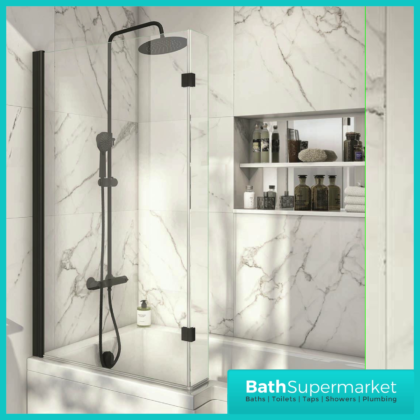 L Shape Black 6mm Thick Clear Safety Glass Shower Hinged Bath Screen 1400mm