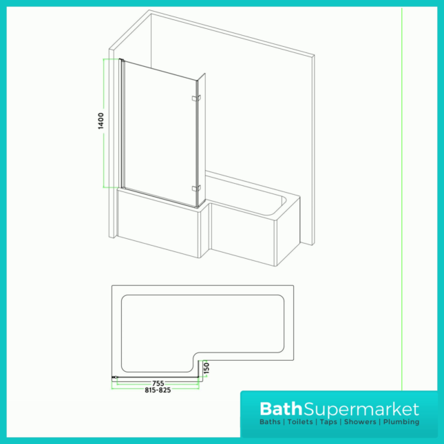 L Shape Black 6mm Thick Clear Safety Glass Shower Hinged Bath Screen 1400mm - Image 2