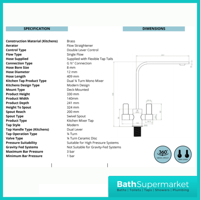 Ellsi Eben Modern Matt Black Twin Lever Mixer Kitchen Tap