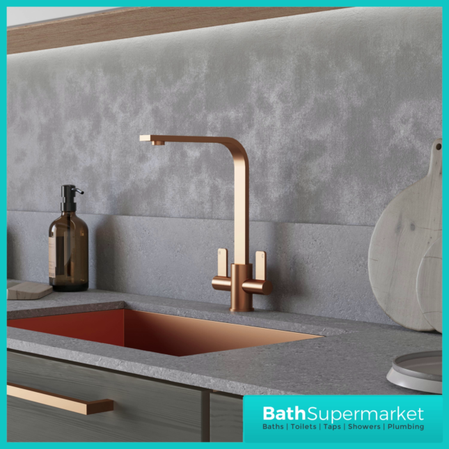 Ellsi Eben Modern Brushed Copper Twin Lever Mixer Kitchen Tap
