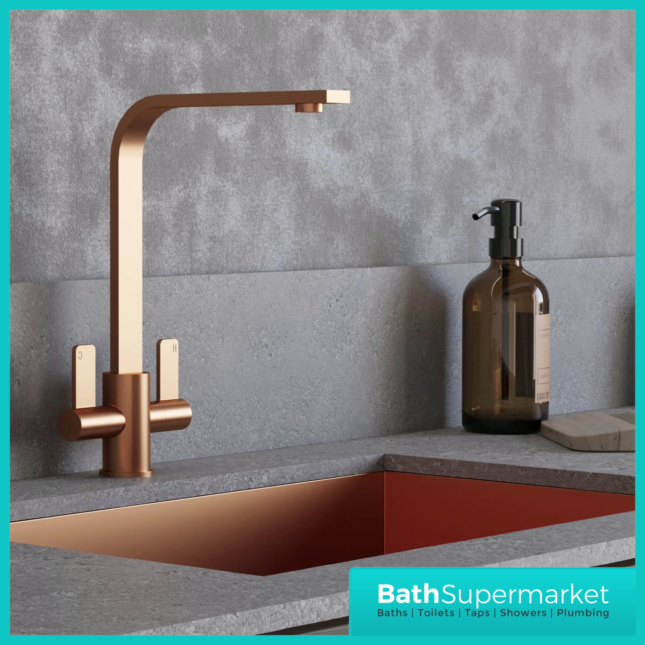 Ellsi Eben Modern Brushed Copper Twin Lever Mixer Kitchen Tap
