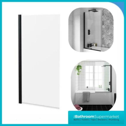 Matt Black 6mm Glass Pivot Bath Screen Square Edge Clear Glass