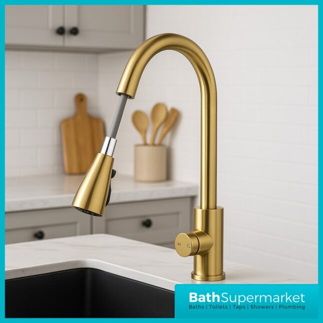 Ellsi Luxr Brushed Brass Swivel Spout Kitchen Sink Mixer Tap With Pull Out Spray