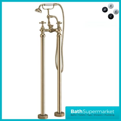 Russeldene & Marie Traditional Brushed Brass Freestanding Bath Shower White Handle Mixer Tap