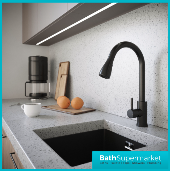 Ellsi Luxr Matt Black Swivel Spout Kitchen Sink Mixer Tap With Pull Out Spray - Image 5