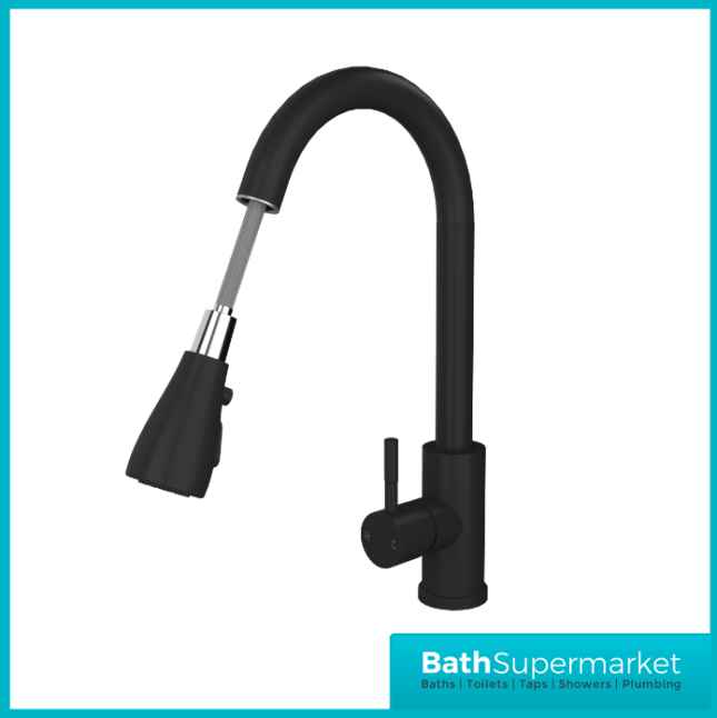 Ellsi Luxr Matt Black Swivel Spout Kitchen Sink Mixer Tap With Pull Out Spray - Image 4