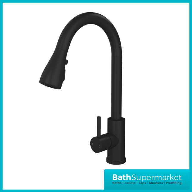 Ellsi Luxr Matt Black Swivel Spout Kitchen Sink Mixer Tap With Pull Out Spray - Image 3