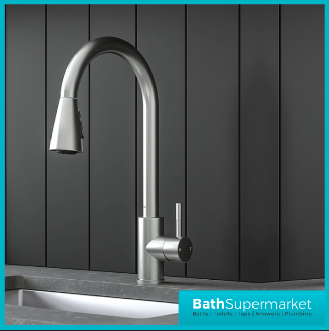 Ellsi Luxr Brushed Steel Swivel Spout Kitchen Sink Mixer Tap With Pull Out Spray - Image 2
