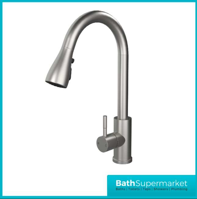 Ellsi Luxr Brushed Steel Swivel Spout Kitchen Sink Mixer Tap With Pull Out Spray - Image 4