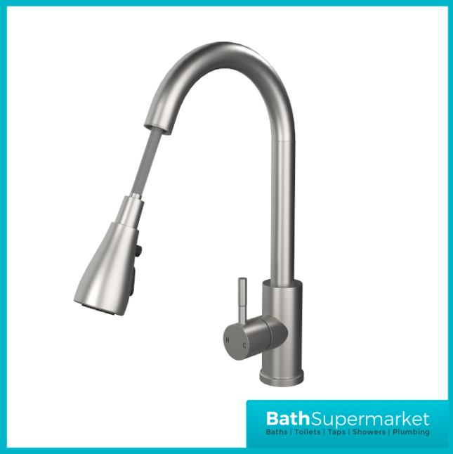 Ellsi Luxr Brushed Steel Swivel Spout Kitchen Sink Mixer Tap With Pull Out Spray - Image 5