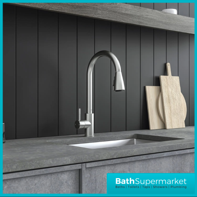 Ellsi Luxr Brushed Steel Swivel Spout Kitchen Sink Mixer Tap With Pull Out Spray - Image 6