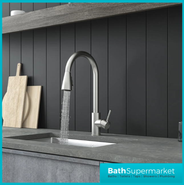 Ellsi Luxr Brushed Steel Swivel Spout Kitchen Sink Mixer Tap With Pull Out Spray - Image 3