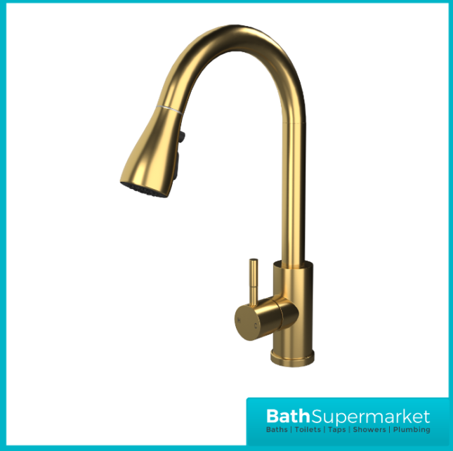 Ellsi Luxr Brushed Brass Swivel Spout Kitchen Sink Mixer Tap With Pull Out Spray - Image 2