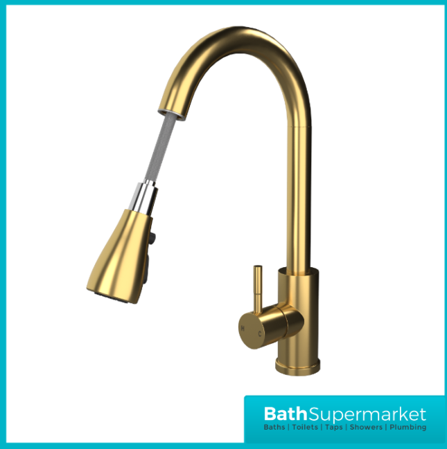 Ellsi Luxr Brushed Brass Swivel Spout Kitchen Sink Mixer Tap With Pull Out Spray - Image 3